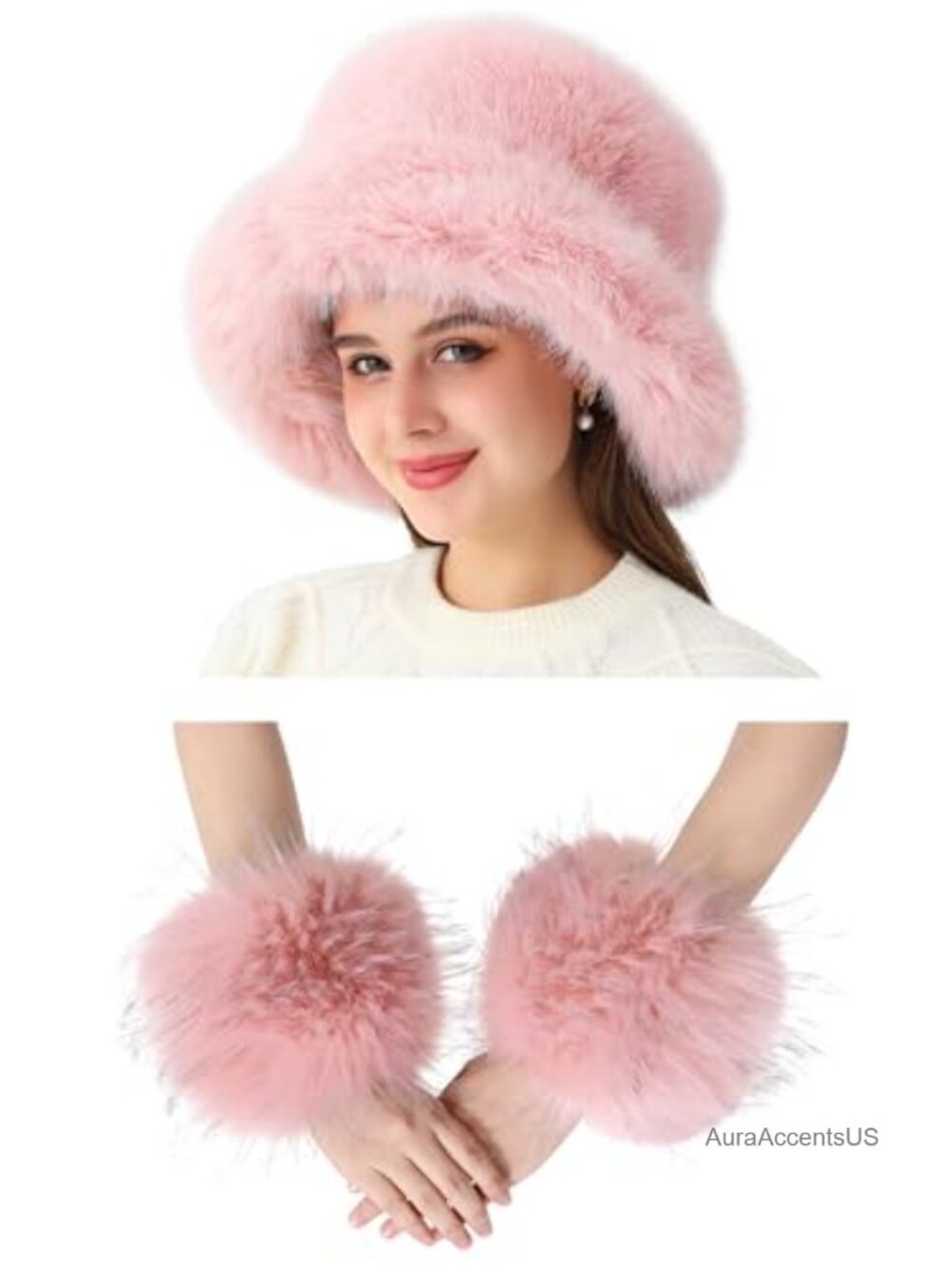 Faux Fur Bucket Hat and Wrist Cuffs 2pc Set Winter Accessory Gift